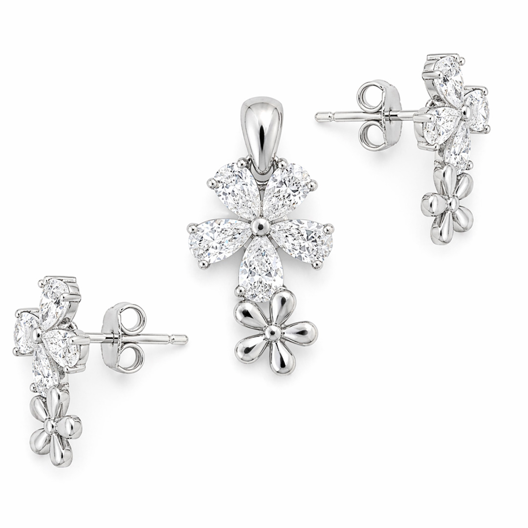 Pétale — pear CZ floral silver jewellery set