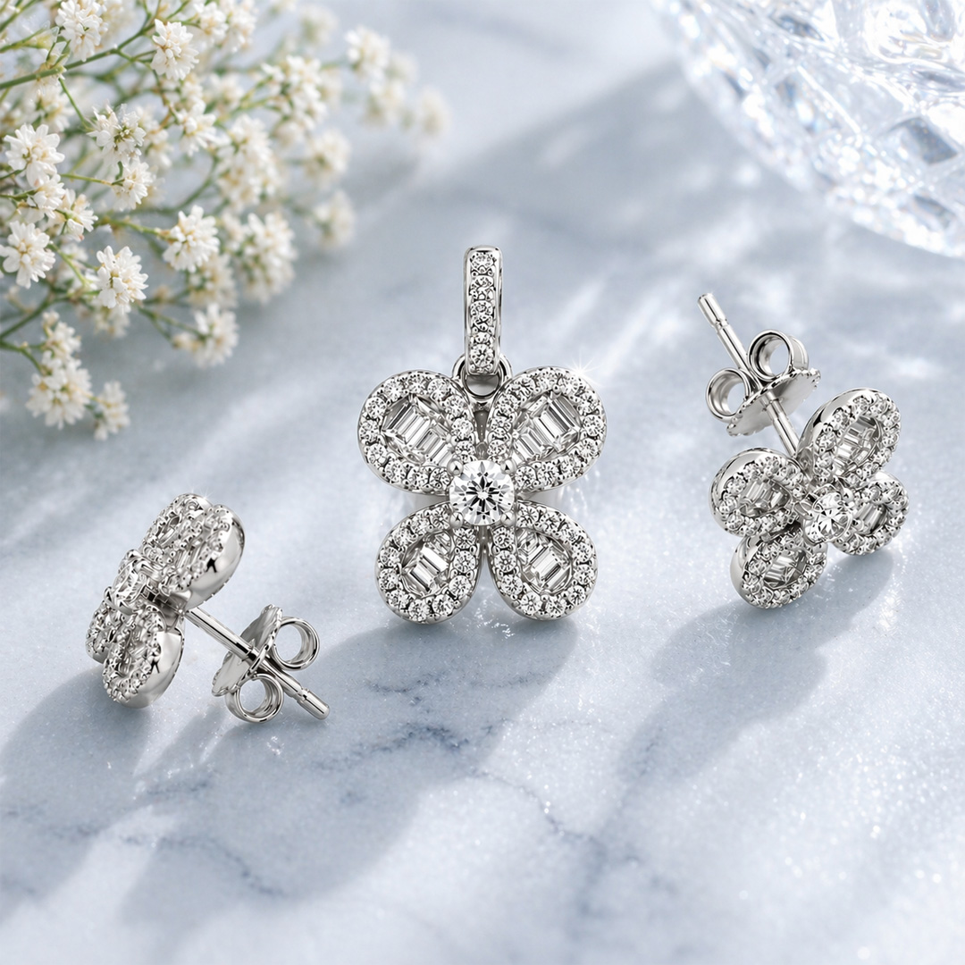 Fleur — baguette and pavé flower silver jewellery set