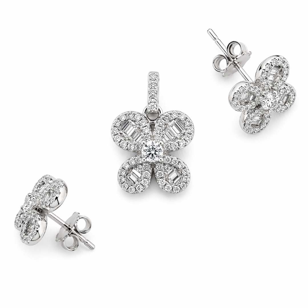 Fleur — baguette and pavé flower silver jewellery set