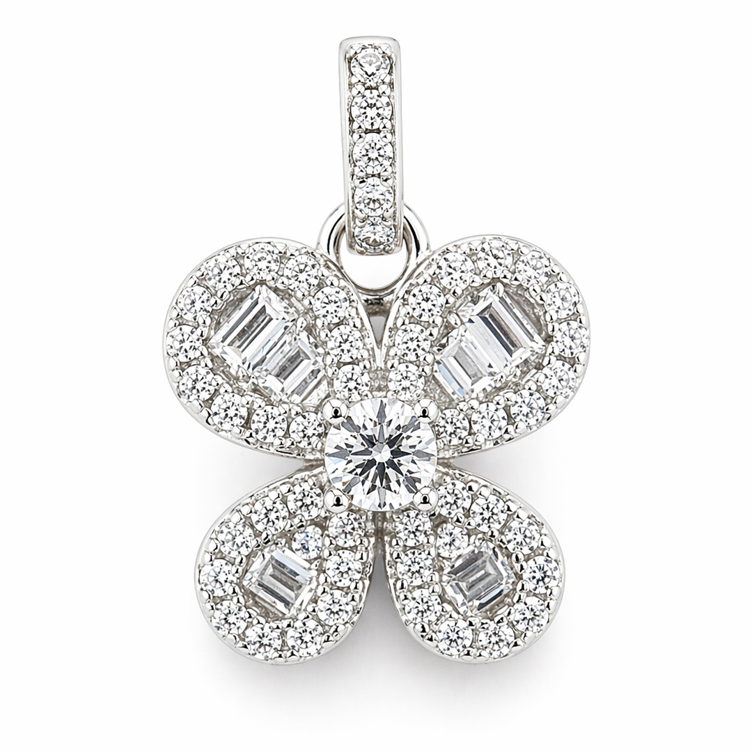 Fleur — baguette and pavé flower silver jewellery set