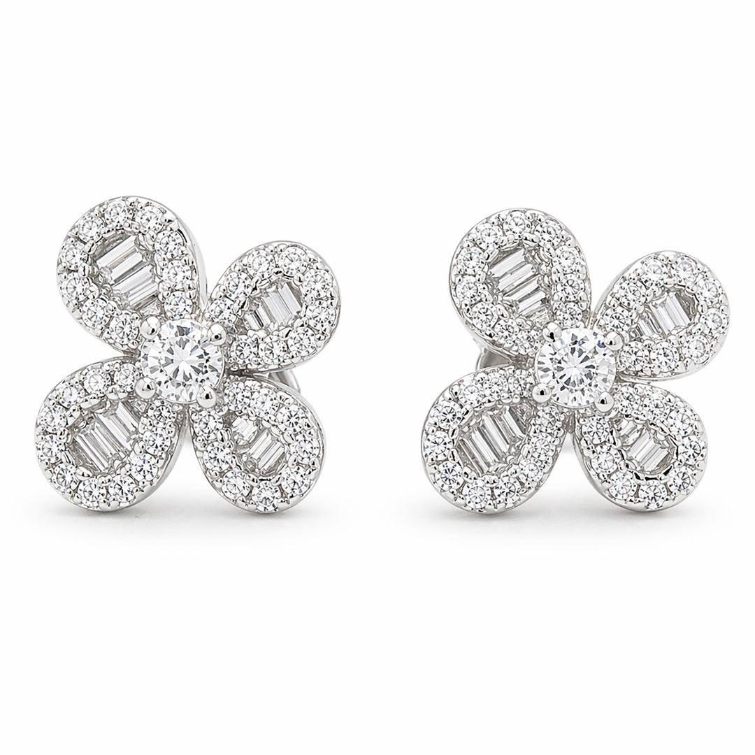 Fleur — baguette and pavé flower silver jewellery set
