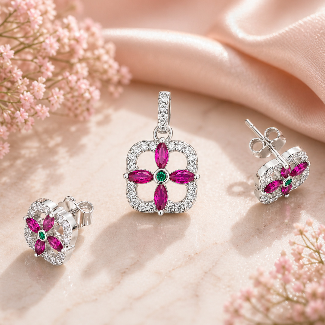Vivara — ruby and emerald silver jewellery set