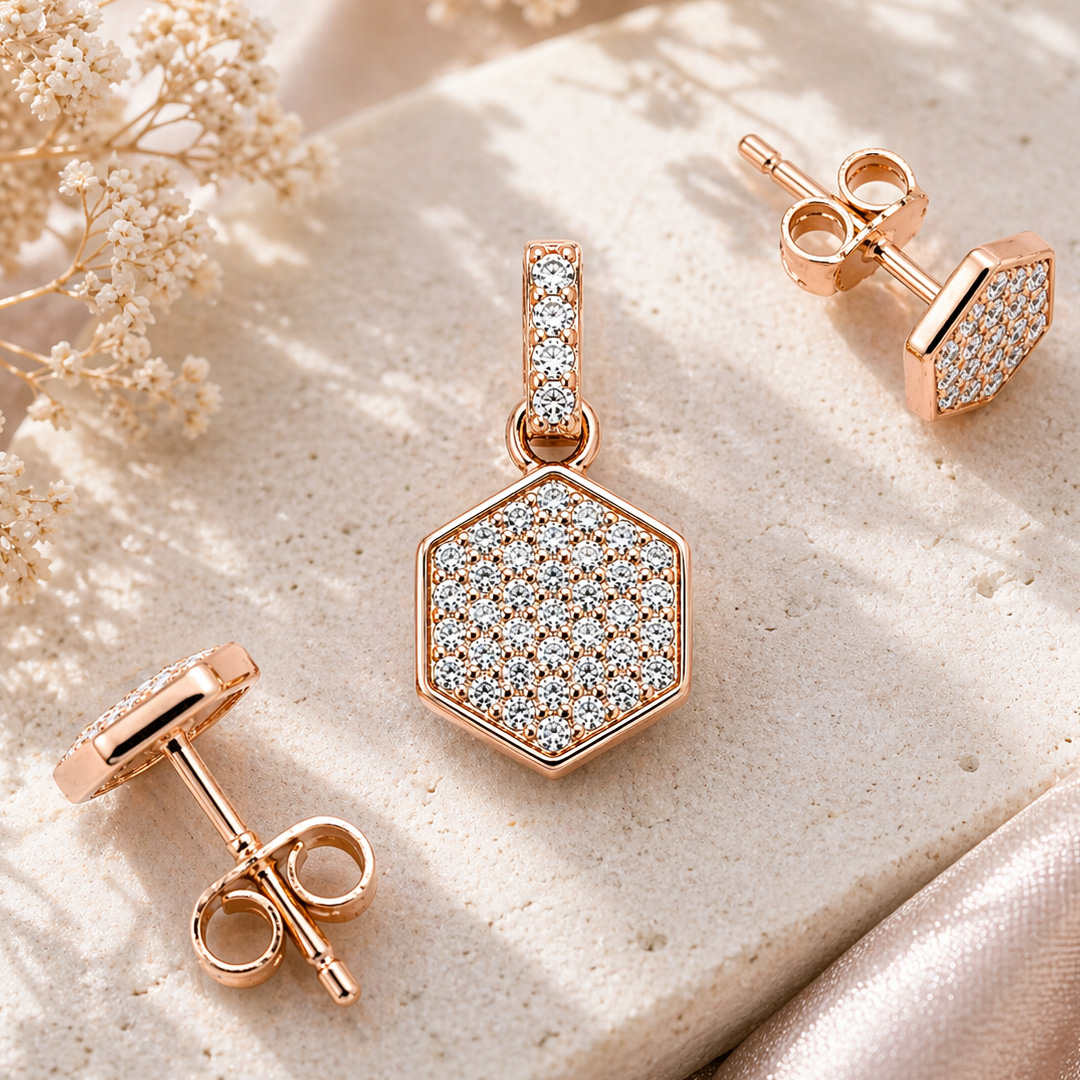 Hexa — full pavé hexagon rose gold jewellery set