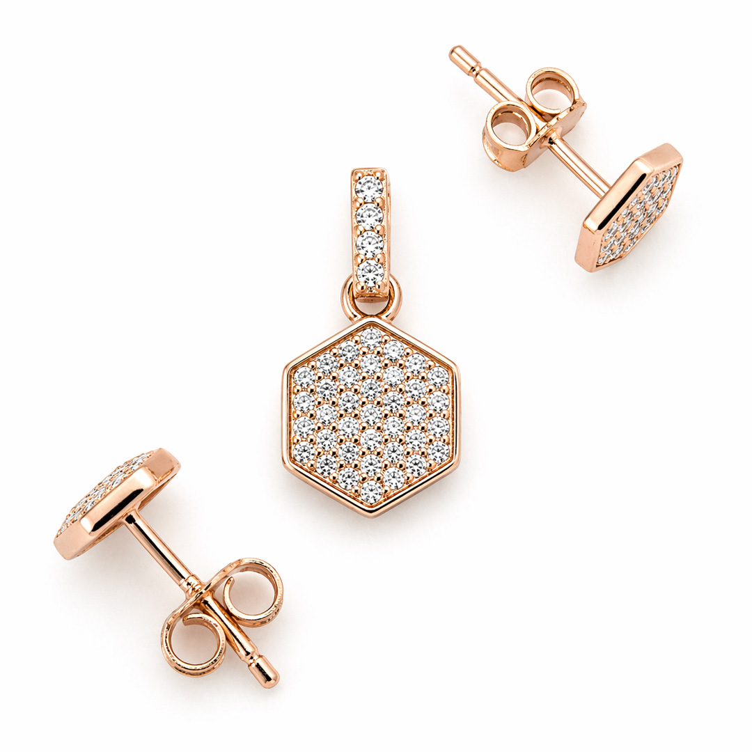 Hexa — full pavé hexagon rose gold jewellery set