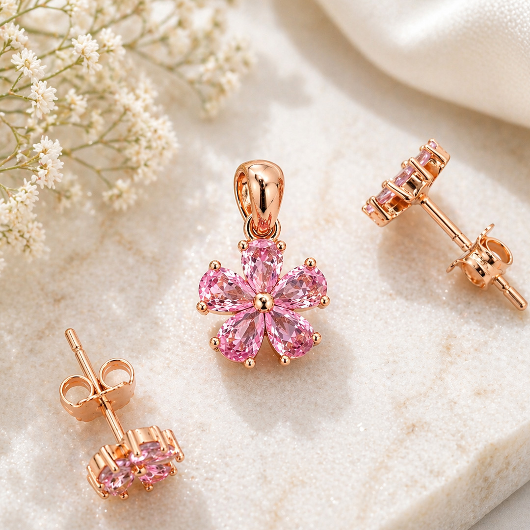 Sakura — pink pear CZ flower rose gold jewellery set