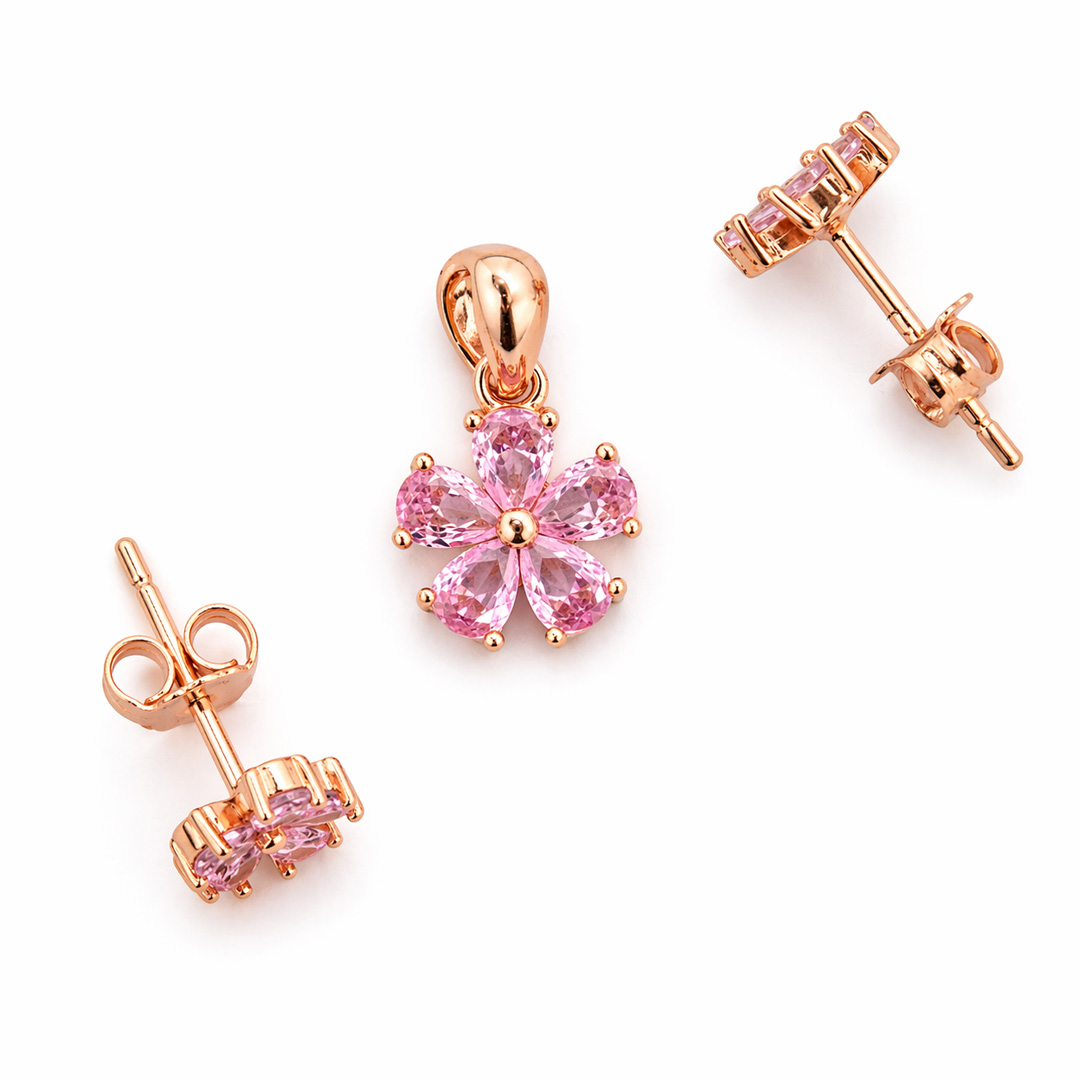 Sakura — pink pear CZ flower rose gold jewellery set
