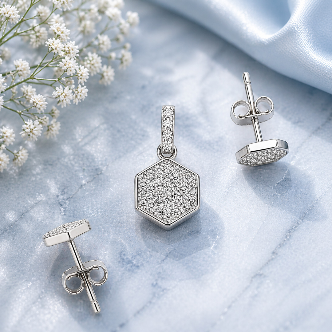 Prisma — full pavé hexagon silver jewellery set
