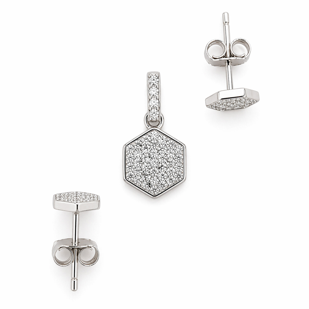 Prisma — full pavé hexagon silver jewellery set