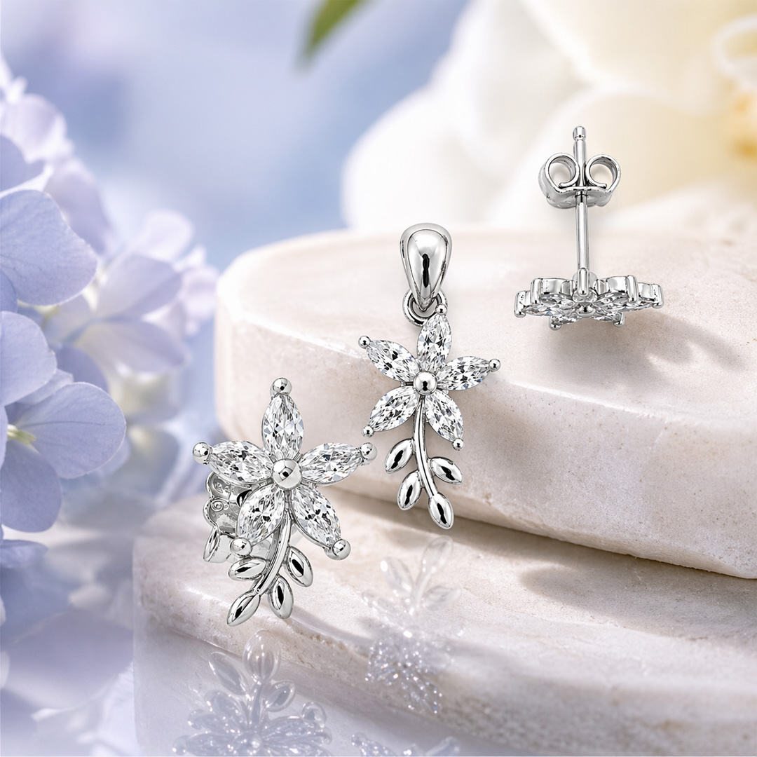 Flora — marquise flower and vine silver jewellery set