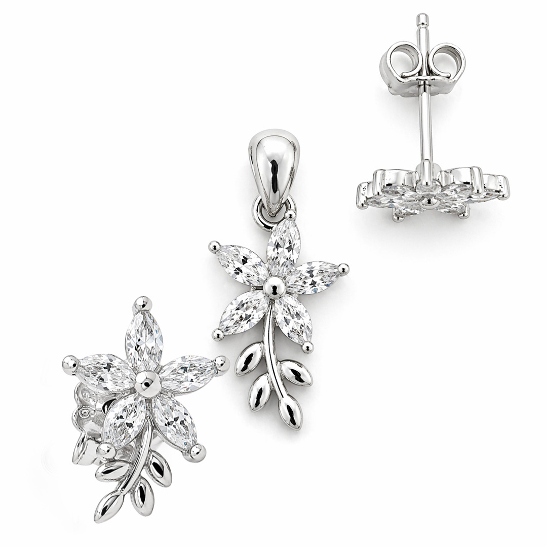 Flora — marquise flower and vine silver jewellery set