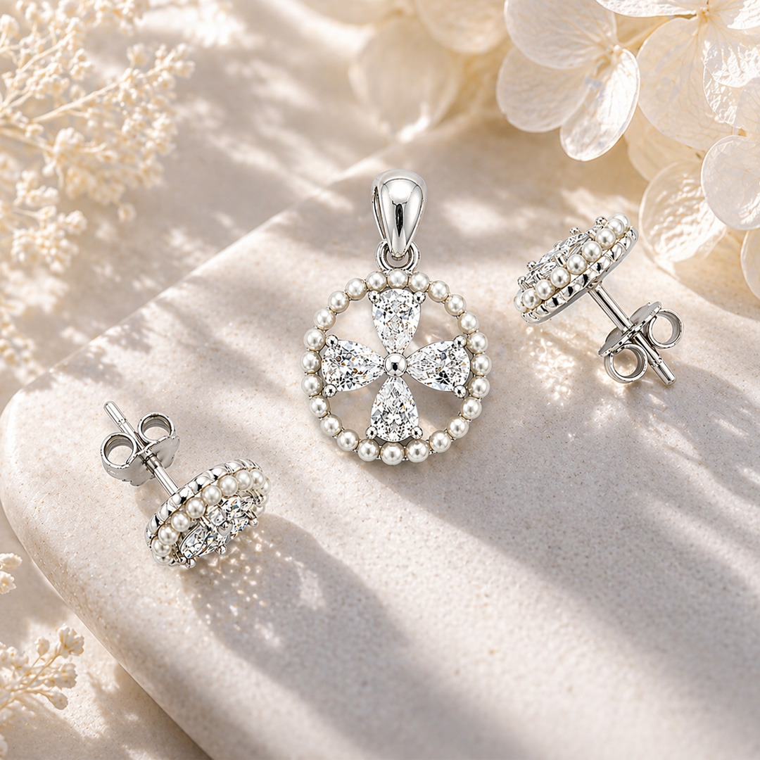 Chandni — pearl and pear CZ silver jewellery set