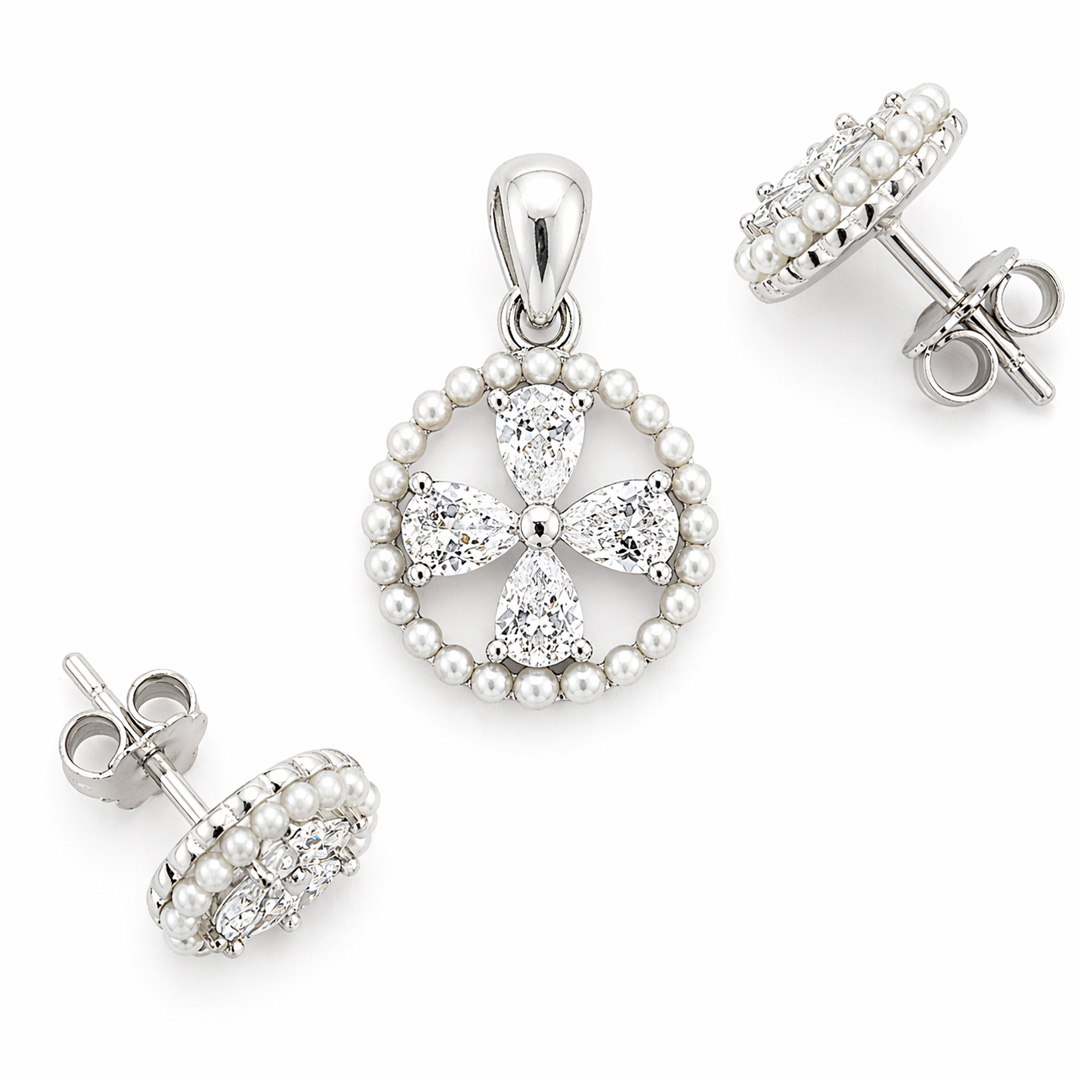 Chandni — pearl and pear CZ silver jewellery set