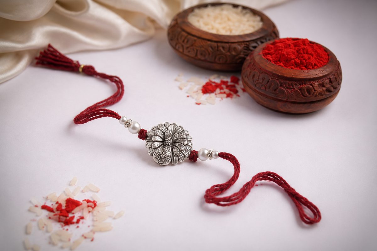 Om Bandhan — silver Om rakhi - green