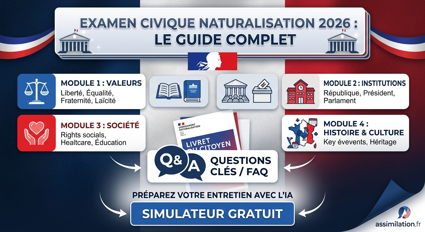 Infographie récapitulative des 4 modules de l'examen civique naturalisation 2026 et accès au simulateur Assimilation.fr