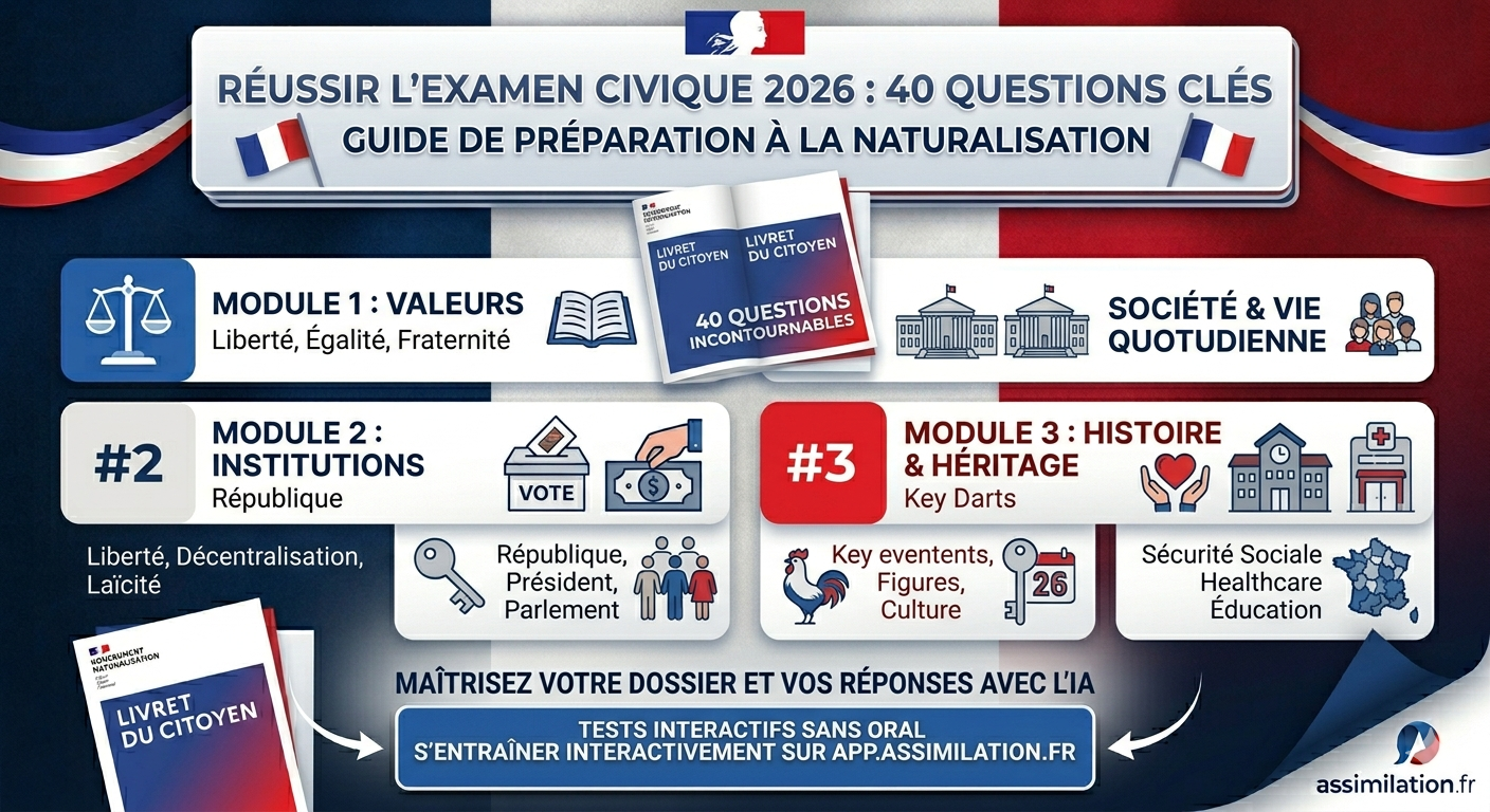 Infographie TOP 5 questions incontournables examen civique naturalisation 2026 : Devise, Laïcité, Droits et Devoirs, Élection du Président, Date clé Histoire de France - Assimilation.fr