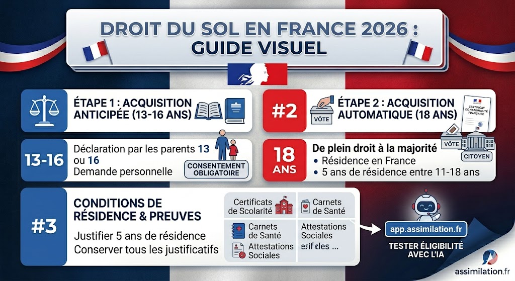 Infographie Droit du Sol France 2026 : Conditions d'acquisition à 13 ans, 16 ans et 18 ans - Assimilation.fr
