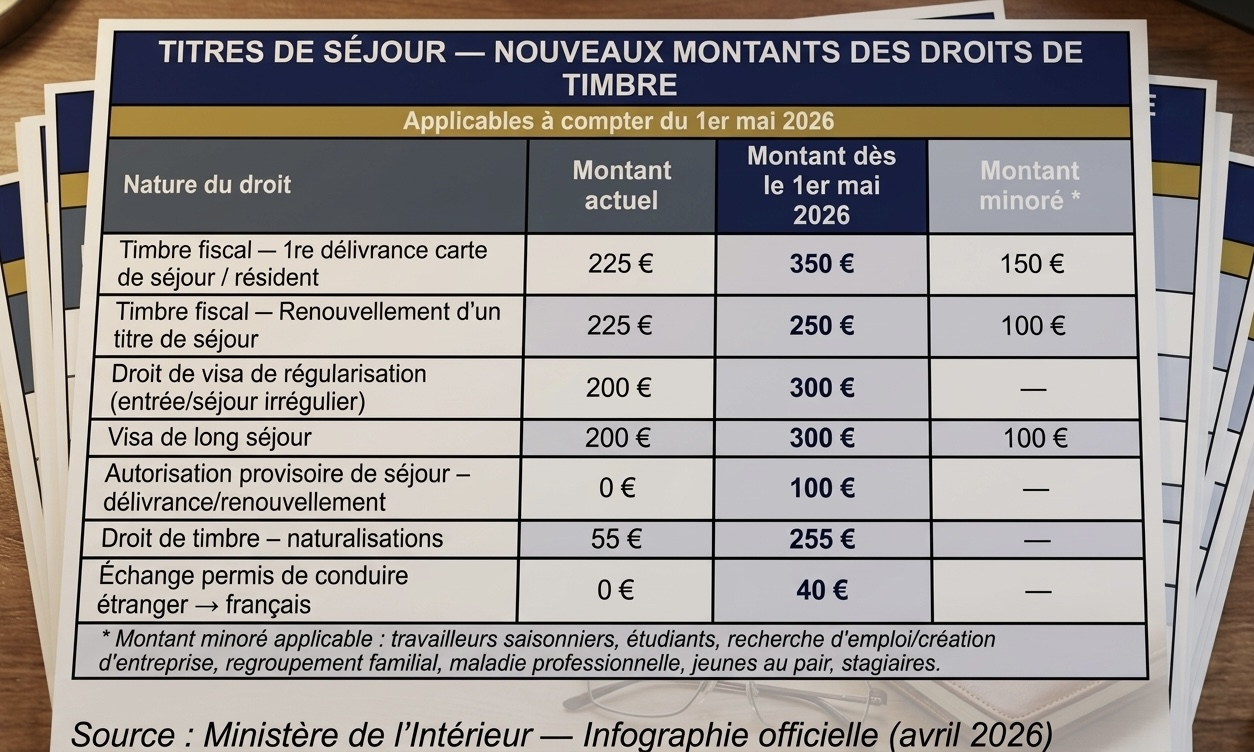 Tableau des nouveaux montants des droits de timbre 1er mai 2026