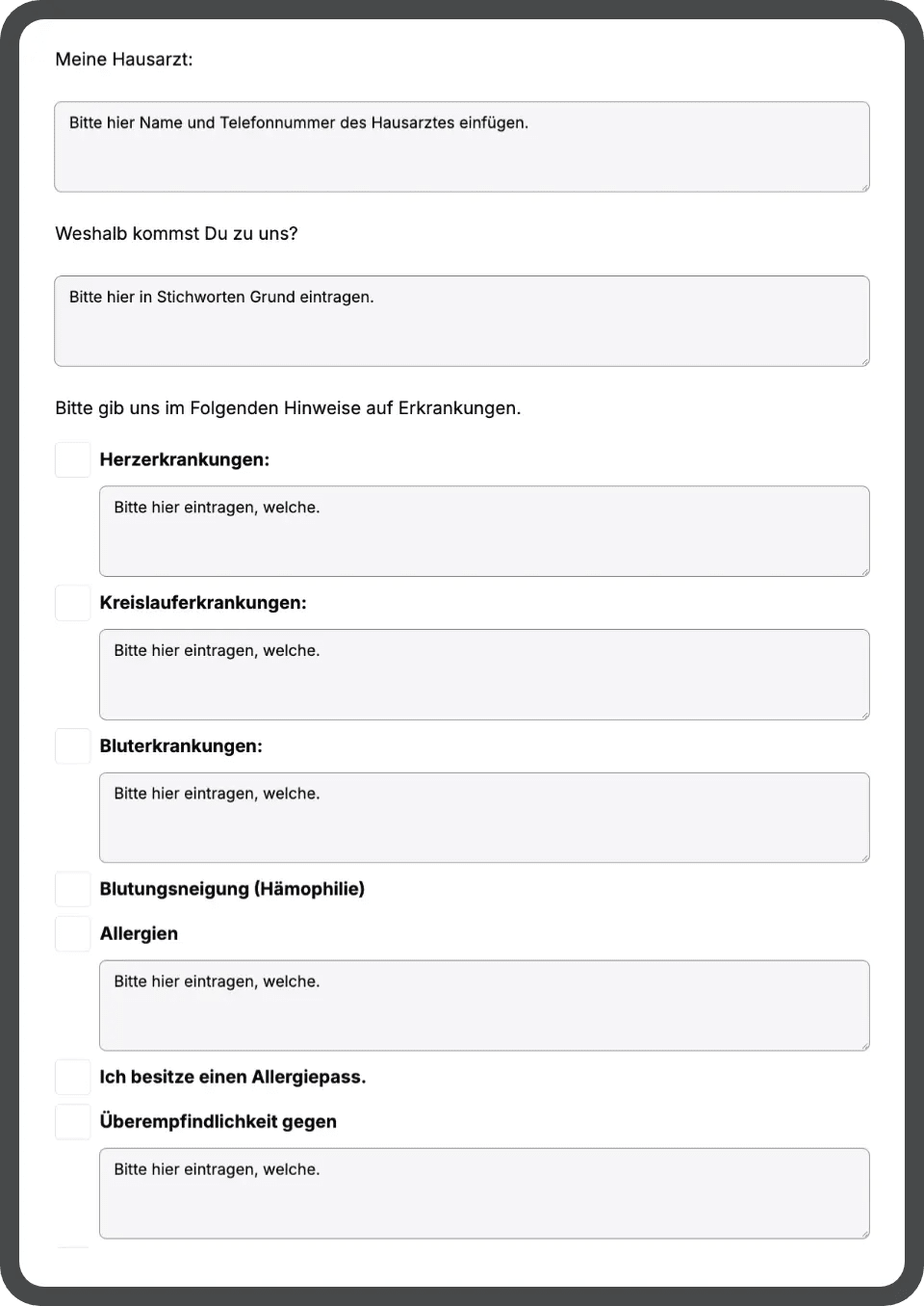 detaillierte Anamnesebögen