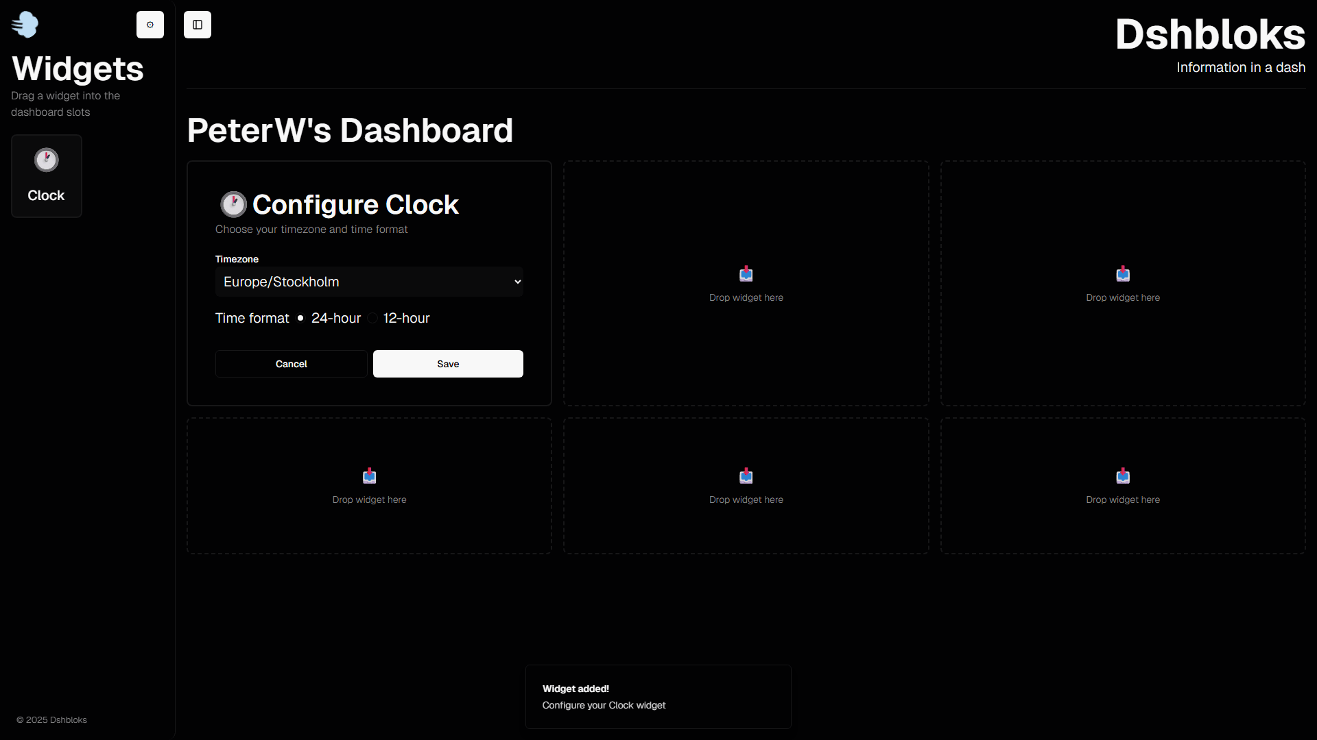 Draggable widget cards on a dark grid; timezone and format set.