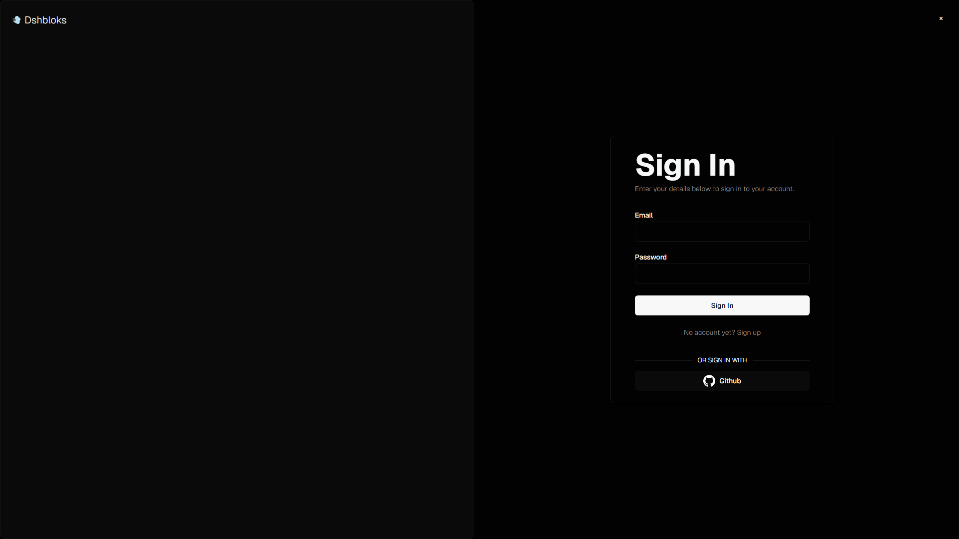 Sign-in page with a dark background and a form centered to the right