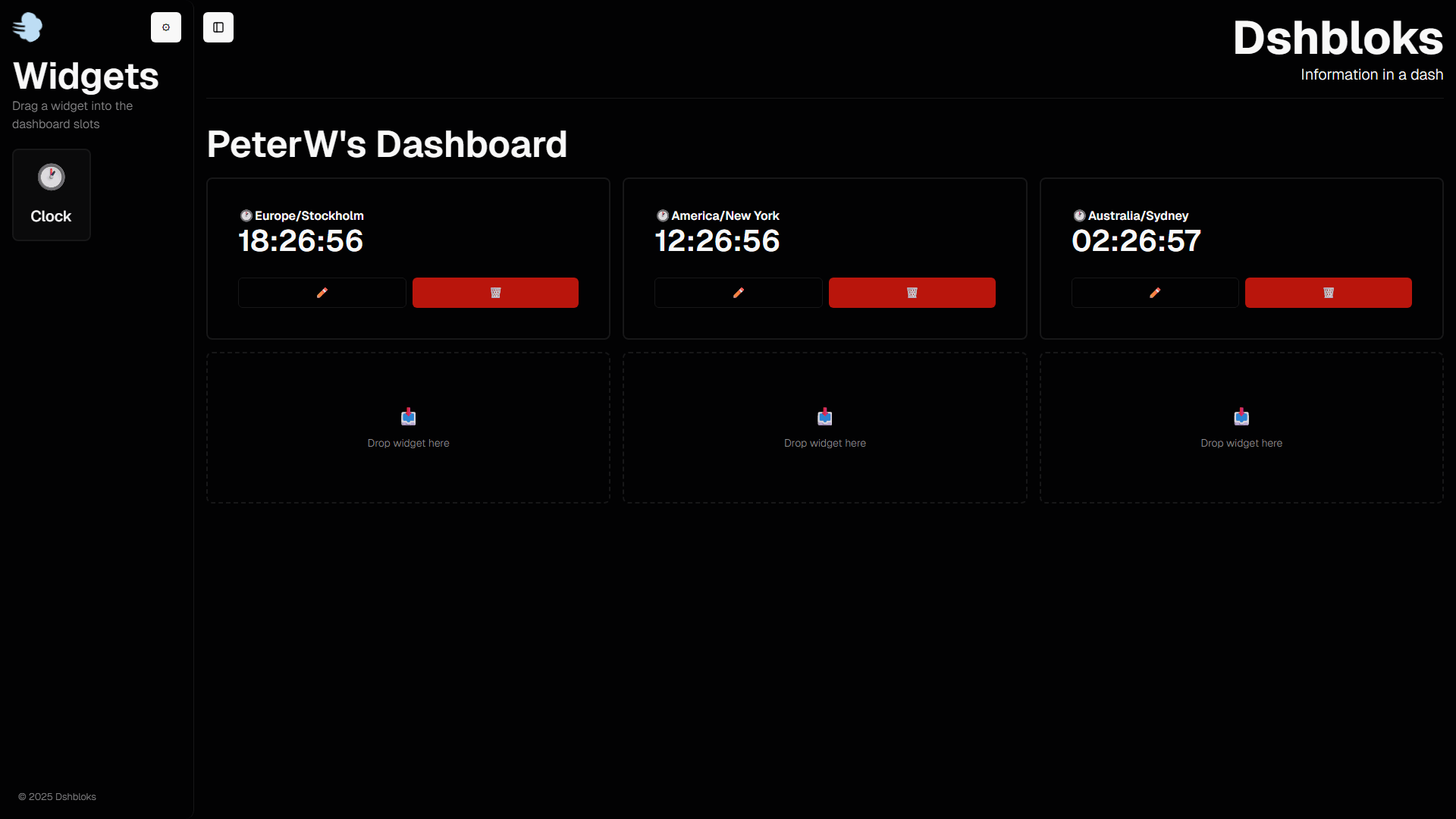 Three saved widgets on a dark grid, with three slots for more.