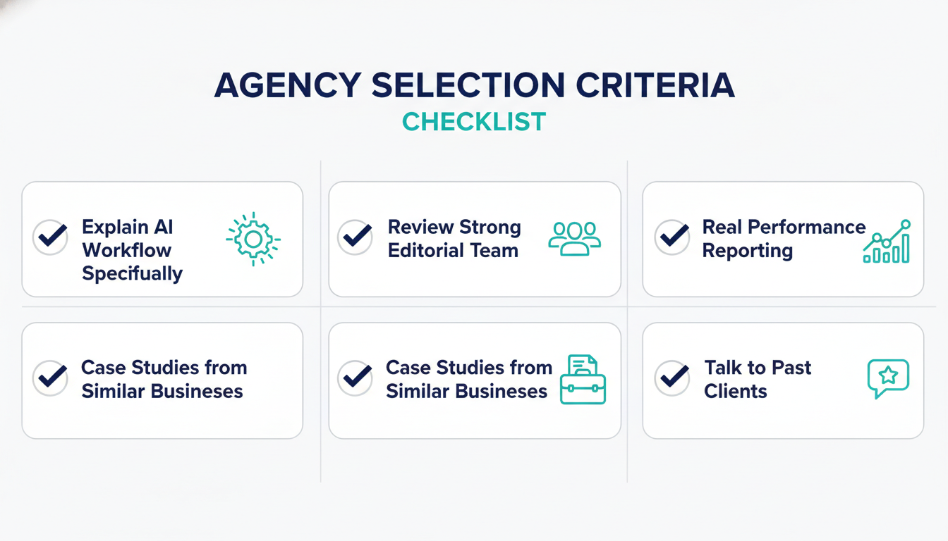 Checklist infographic for evaluating AI content marketing agencies with key criteria in Chicago
