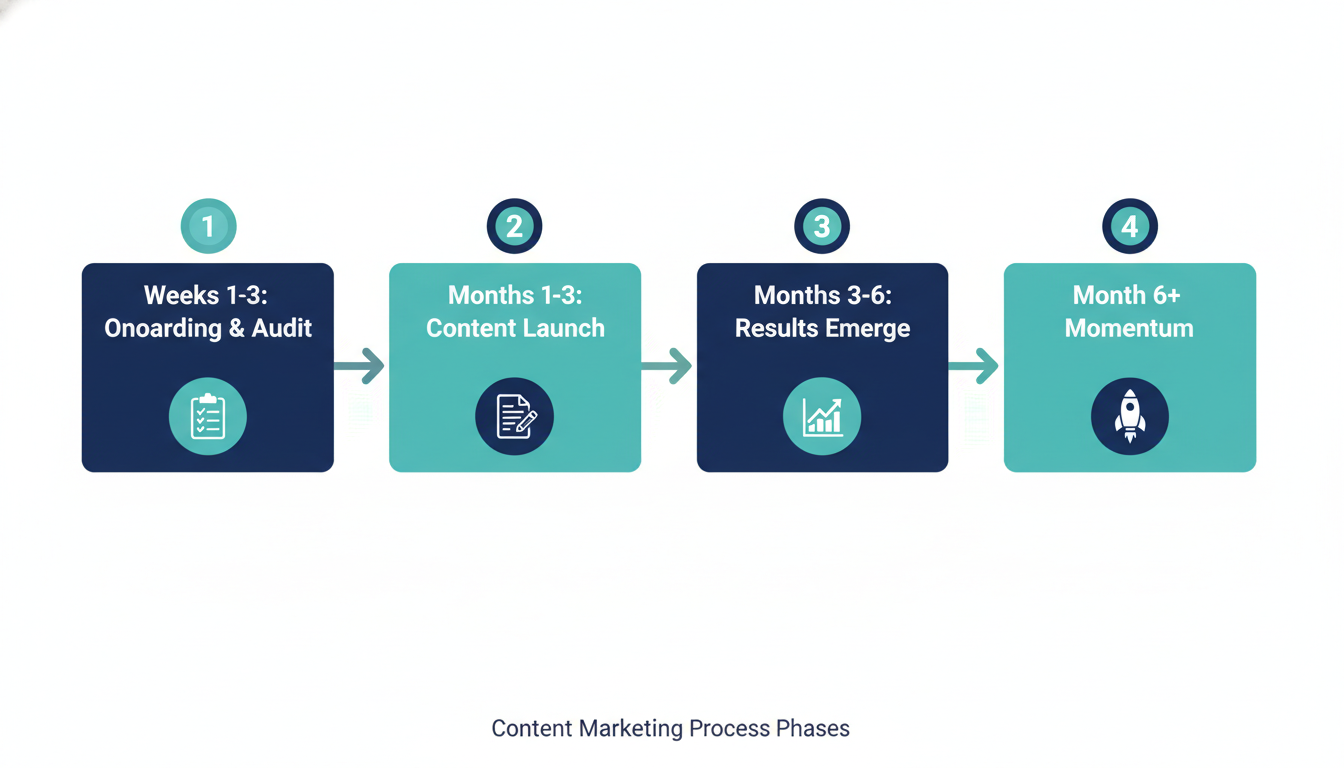 Timeline flowchart showing content marketing process phases from onboarding through results in Chicago