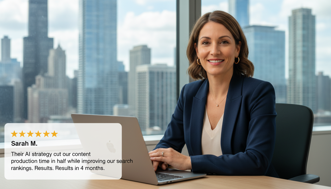Professional client testimonial with 5-star review praising AI content marketing results and ROI Chicago
