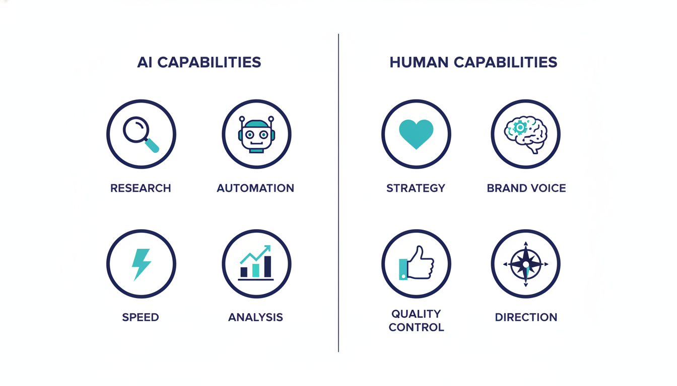Infographic comparing AI capabilities vs. human oversight in content marketing strategy
