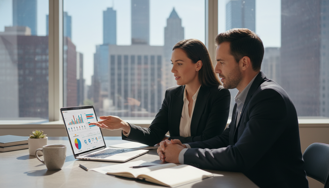 Marketing strategist consulting with client on AI content strategy in modern Chicago office with analytics visible