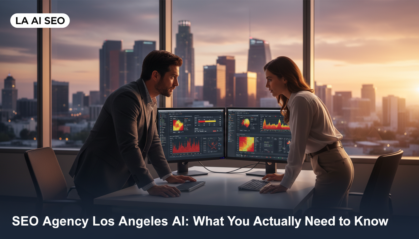 SEO professionals analyzing AI analytics on dual monitors in modern Los Angeles office with city skyline view