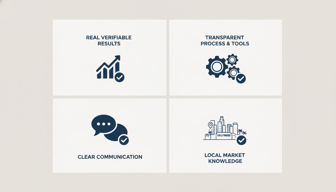 Four-part agency selection checklist: real results, transparent process, communication, local market knowledge