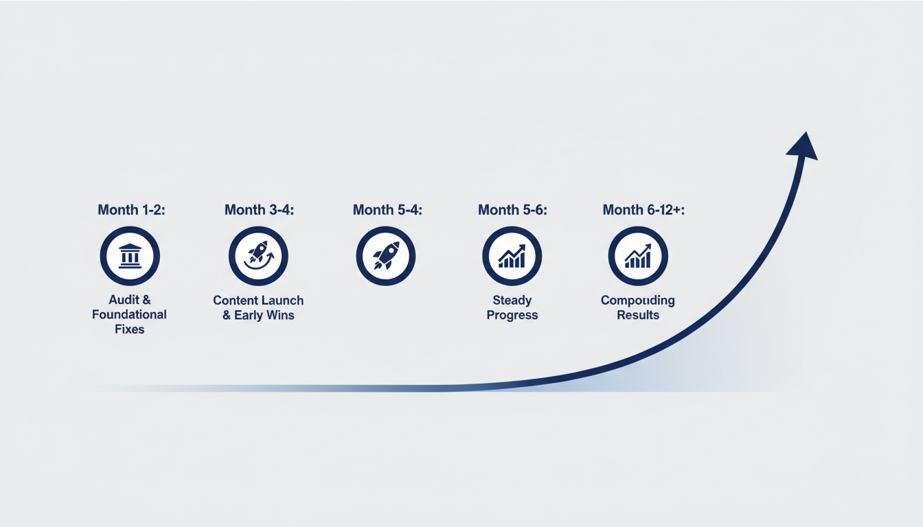 SEO timeline infographic showing 6-12 month progression from audit phase to compounding results