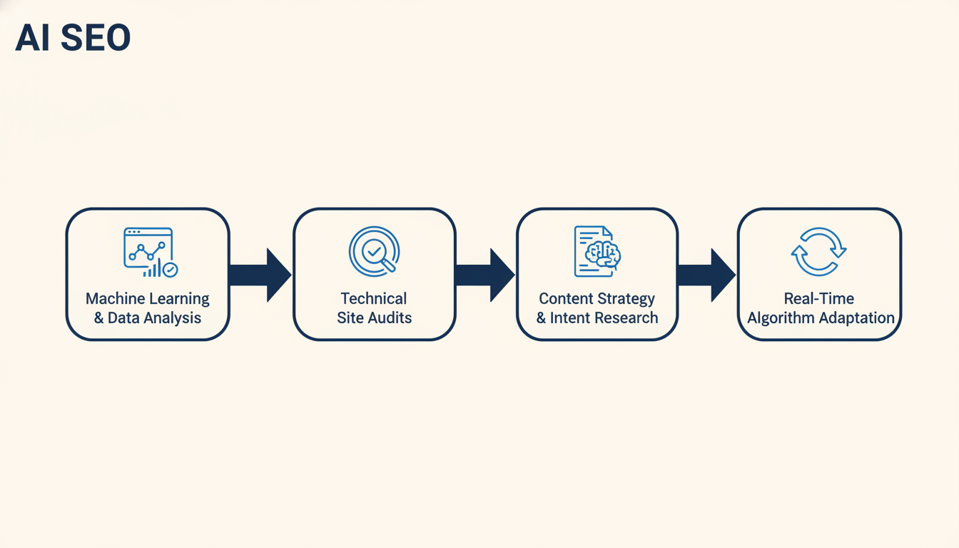 AI SEO process flow diagram showing machine learning, audits, content strategy and algorithm adaptation steps