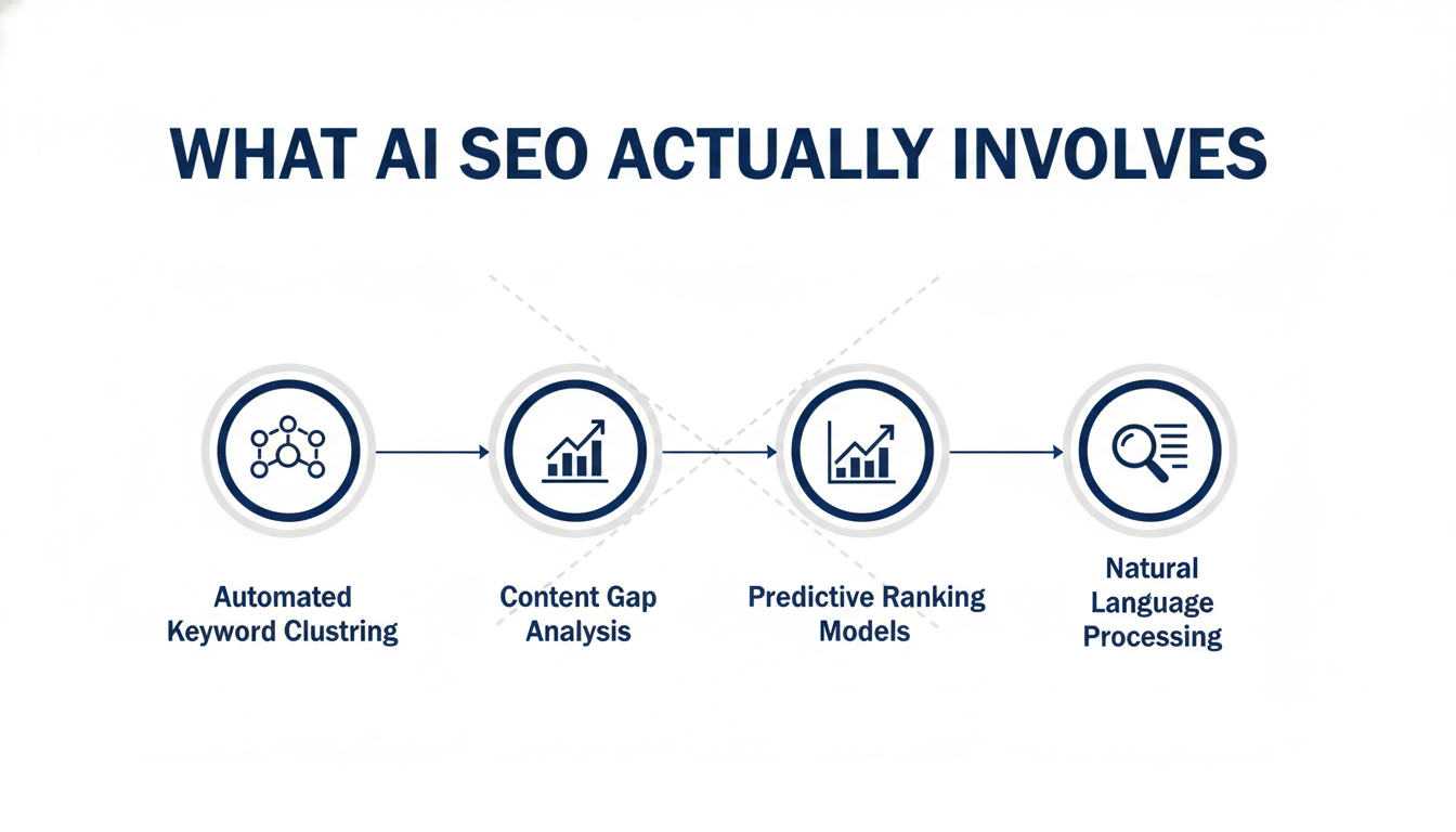 Infographic showing AI SEO components: keyword clustering, content analysis, predictive models, NLP