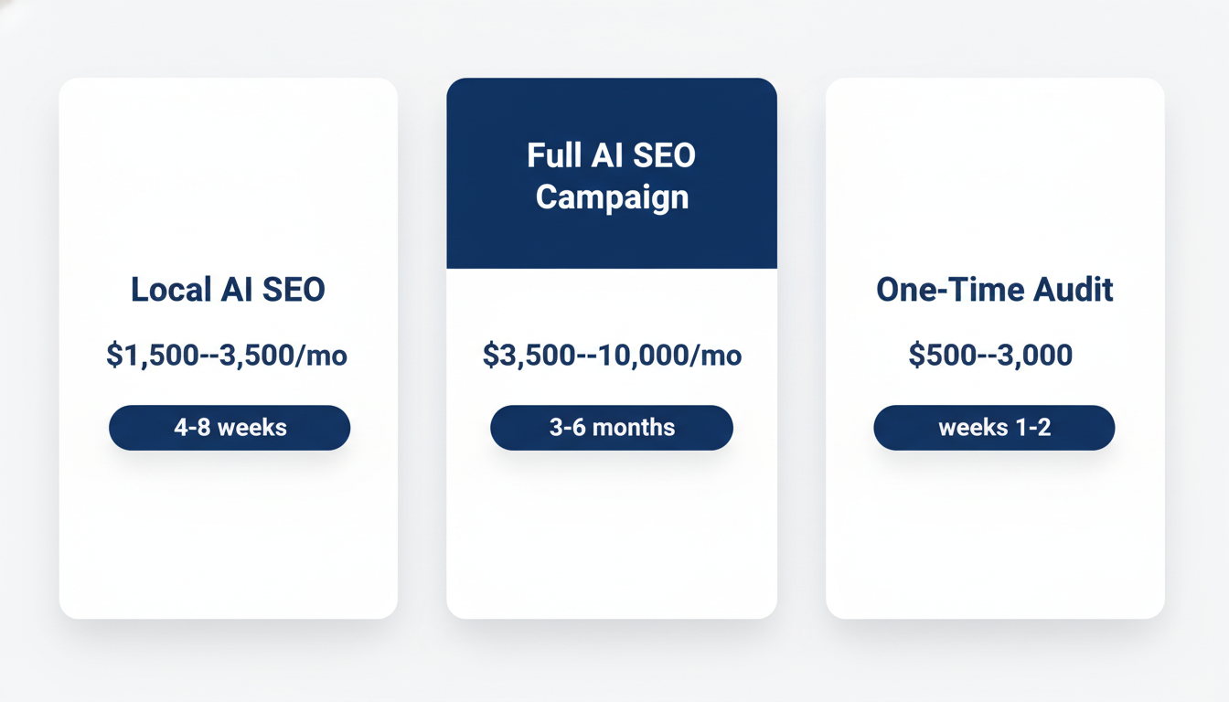 Pricing and timeline comparison chart for AI SEO services in New York, showing cost ranges and results timelines