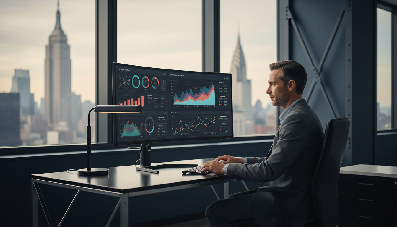 Professional consultant analyzing AI SEO analytics dashboard in modern New York office with skyline view