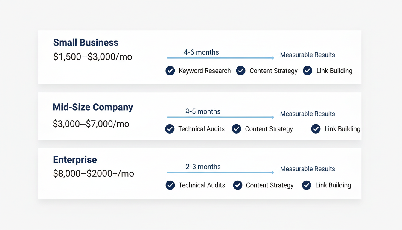 Pricing tier comparison infographic for Small Business, Mid-Size, and Enterprise AI SEO services with timeline expectations.
