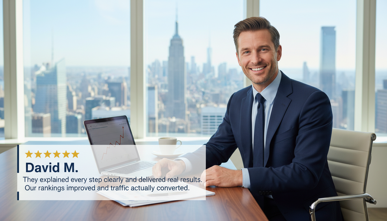 Satisfied business client in NYC office with 5-star review overlay: David M. testimonial about clear communication and improved rankings.