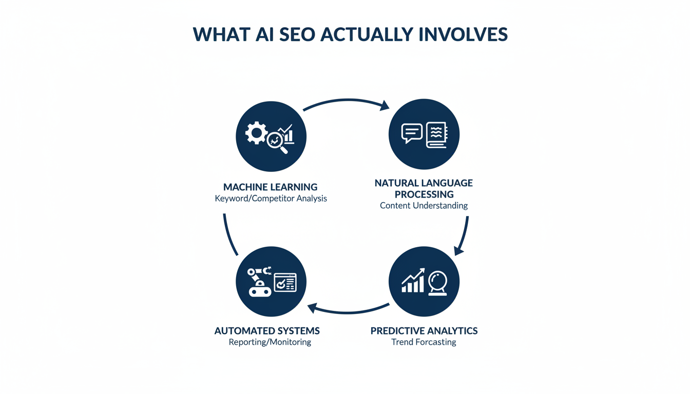 Process flow diagram showing AI SEO components: Machine Learning, NLP, Predictive Analytics, and Automated Systems in circular workflow.
