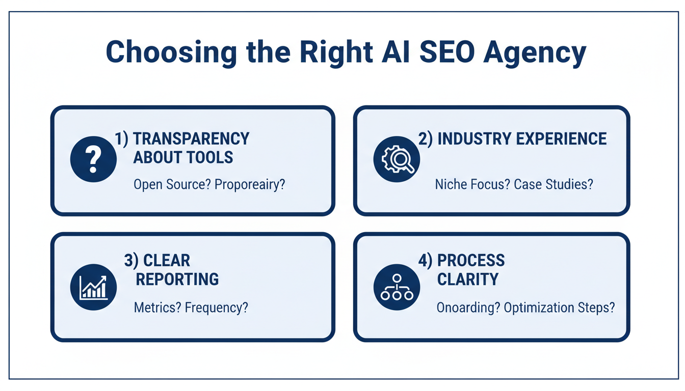 Checklist infographic for choosing right AI SEO agency: Tool Transparency, Industry Experience, Clear Reporting, Process Clarity.