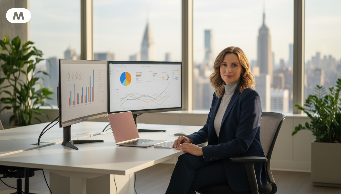 AI SEO strategist at modern NYC office desk with dual monitors showing analytics dashboards, professional setting with city skyline background.