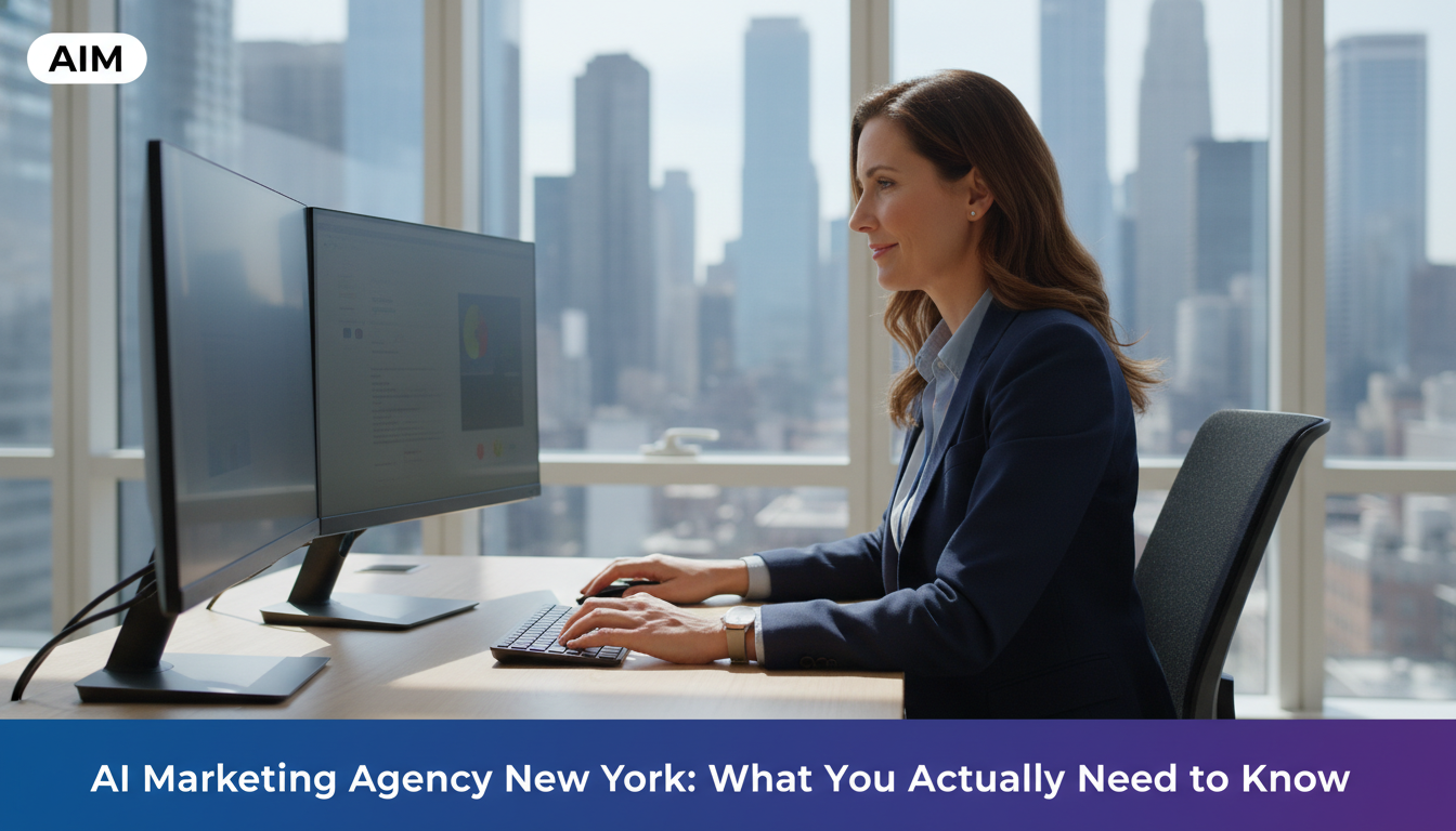 Marketing strategist reviewing AI analytics on dual monitors in modern NYC office with Manhattan skyline view, AI marketing agency New York