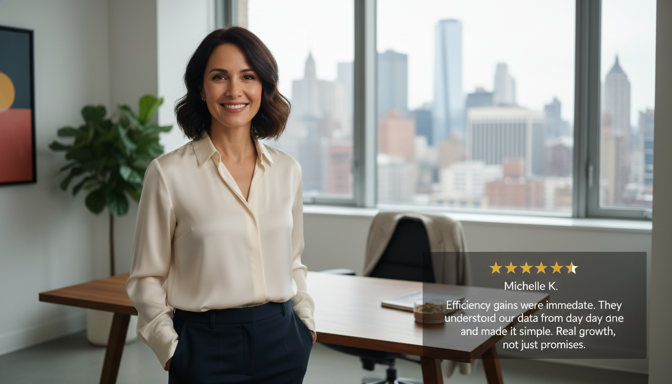 Professional testimonial from satisfied NYC business owner Michelle K. with 5-star review praising AI marketing efficiency and growth results