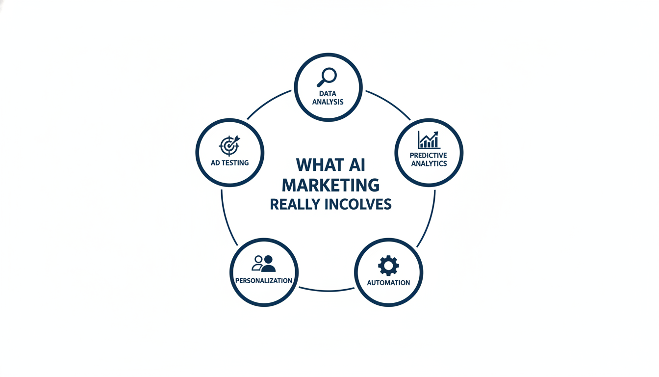 Infographic showing five core AI marketing capabilities: data analysis, predictive analytics, automation, personalization, and ad testing