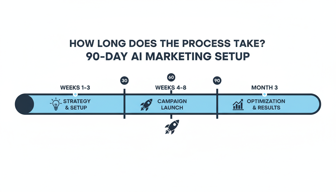 90-day timeline visualization for AI marketing process showing strategy setup, campaign launch, and optimization phases