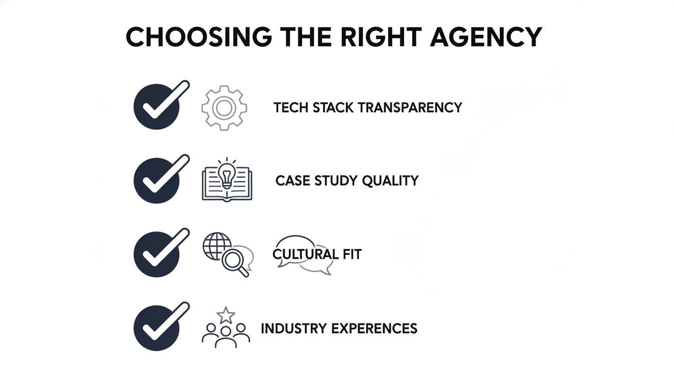Evaluation checklist for choosing an AI marketing agency including tech stack, case studies, cultural fit, and industry experience