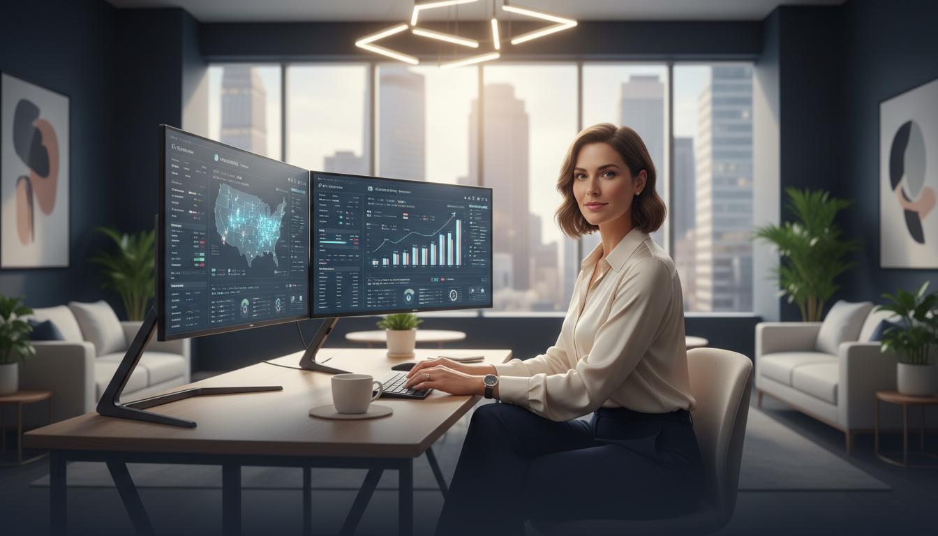 Female marketing strategist working at modern NYC agency office with data dashboards and NYC skyline view, AI digital marketing