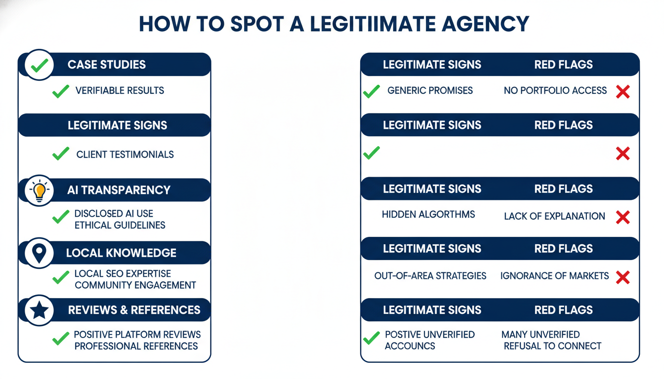 Checklist infographic evaluating legitimate digital marketing agencies: case studies, AI transparency, local knowledge, reviews