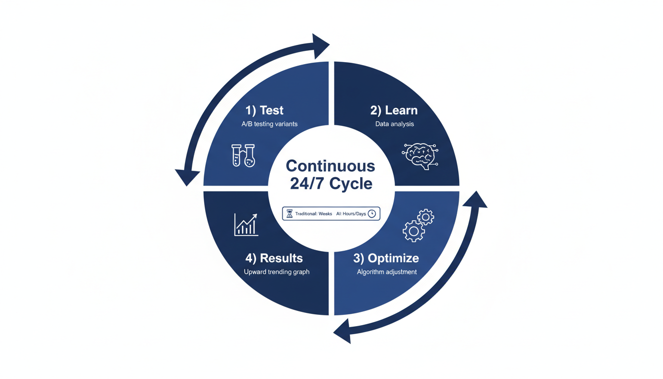Visual cycle diagram showing AI marketing optimization: test, learn, optimize, results in continuous 24/7 process